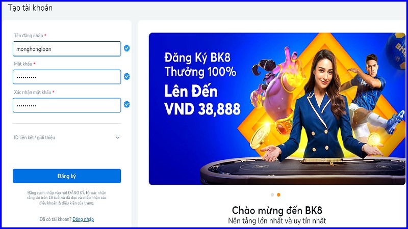 Casino online uy tín đăng ký BK8
